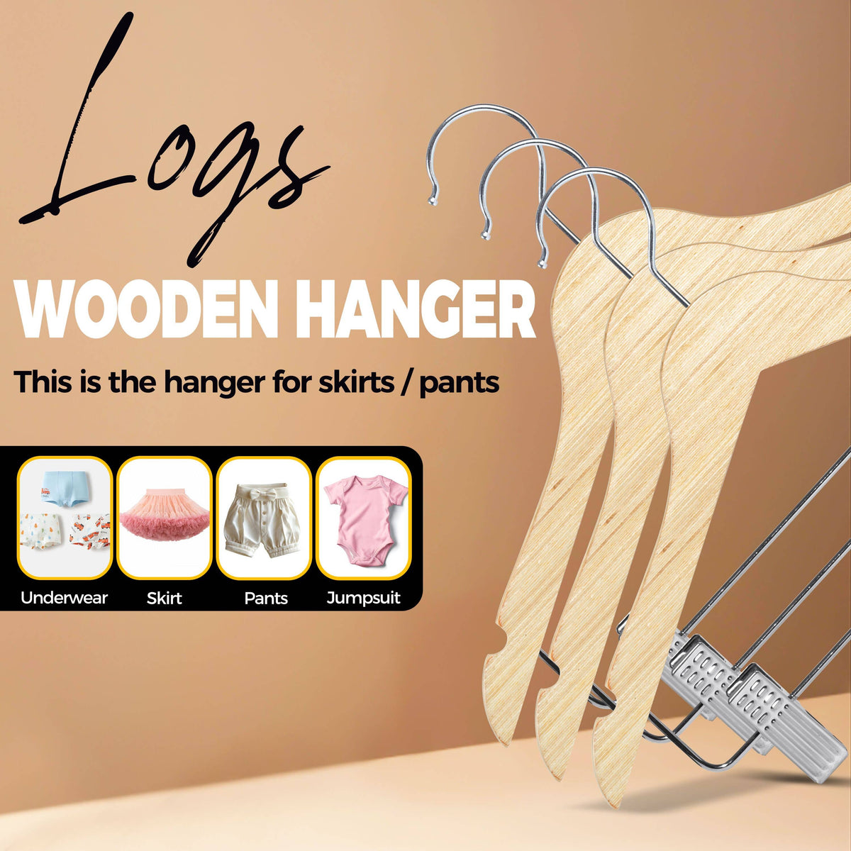 WLMK33-NT – Kids Slim Plywood Wooden Pant Hanger with Clips – 12" – Natural