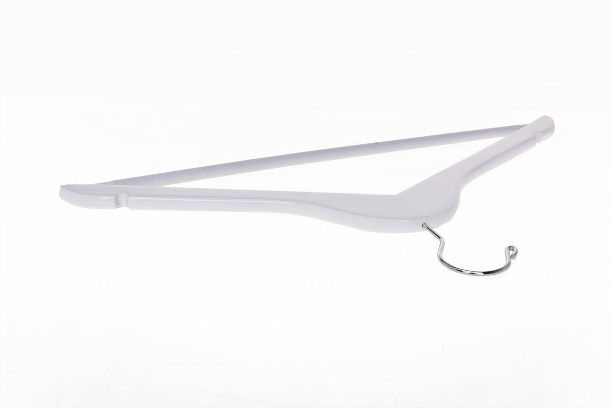 W040 – Semi-Curved Wooden Suit Hanger with Non-Slip Bar – 17.5" – White / Chrome Hook