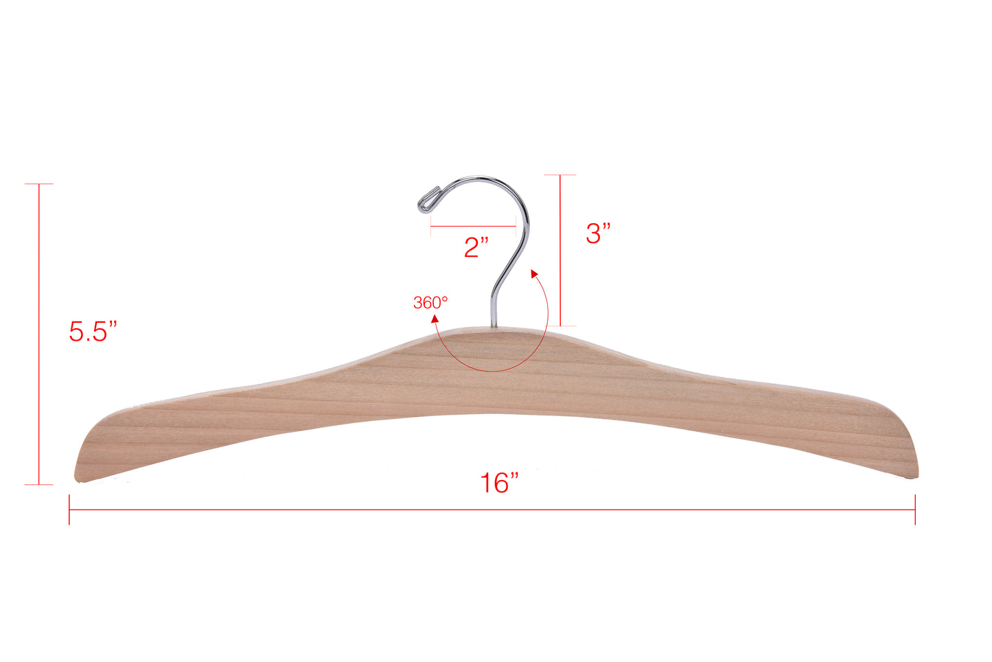 W037 - Flat Luxury Wooden Hanger 16" Natural - Chrome hook