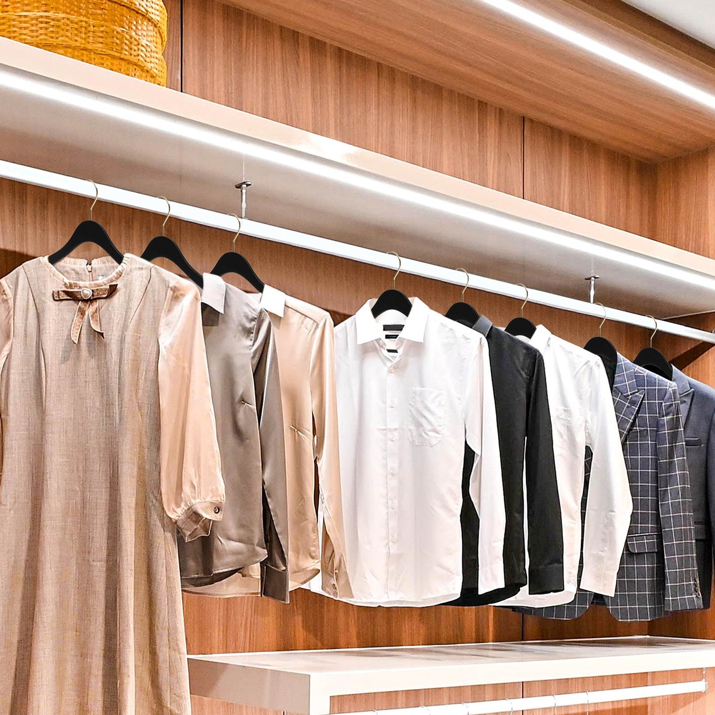 WS70 BK - Ultra Slim Suit Hangers with Pant Bar Black and Gold Hook - 100 Pcs