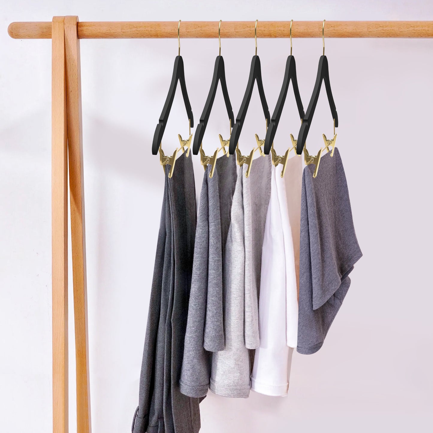 WS73-BK - Ultra Slim Skirt Pant Hangers + Clips Black with Gold clips - 100 Pcs