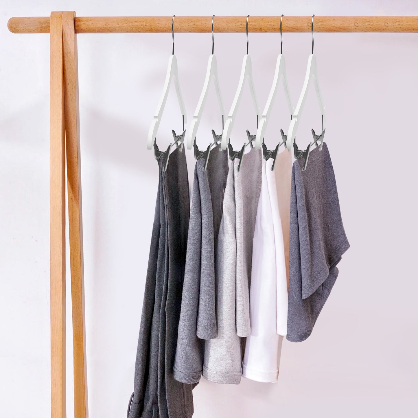 WS73-WT - Ultra Slim Skirt plus shirt Hangers + Clips White with Chrome clips - 100 Pcs