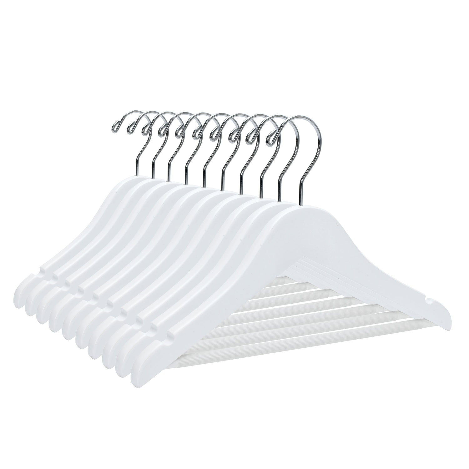 White wooden hangers with chrome hooks