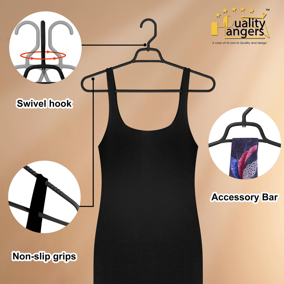 P311-BK – Plastic Shirt Hanger with Swivel Hook & Accessory Bar – 17" – Black