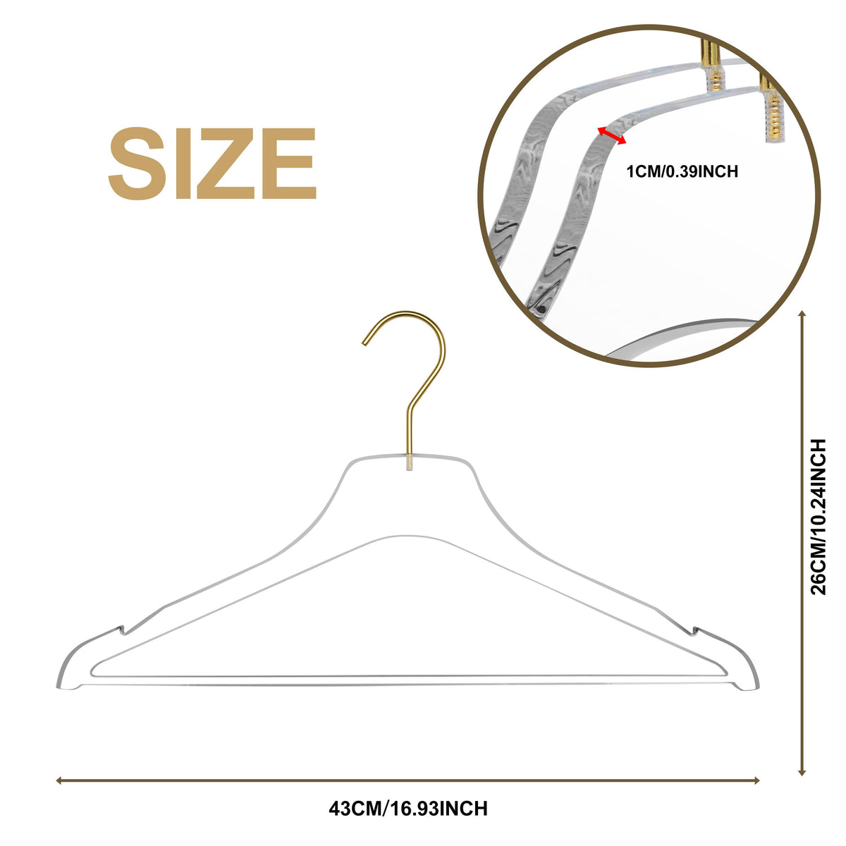 8011-20-MGL – Clear Acrylic Shirt & Coat Hanger with Bar – 17" – Clear / Matte Gold Hook
