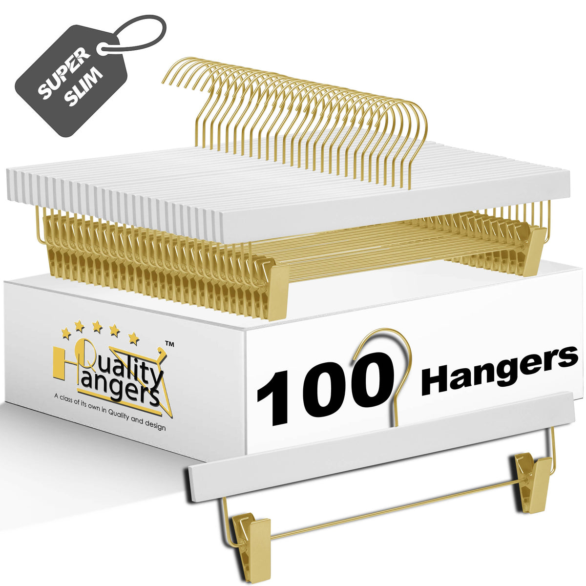 WS72-WT-GL – Ultra-Slim Wooden Skirt & Pant Hanger with Clips – 14" – White / Gold Hook