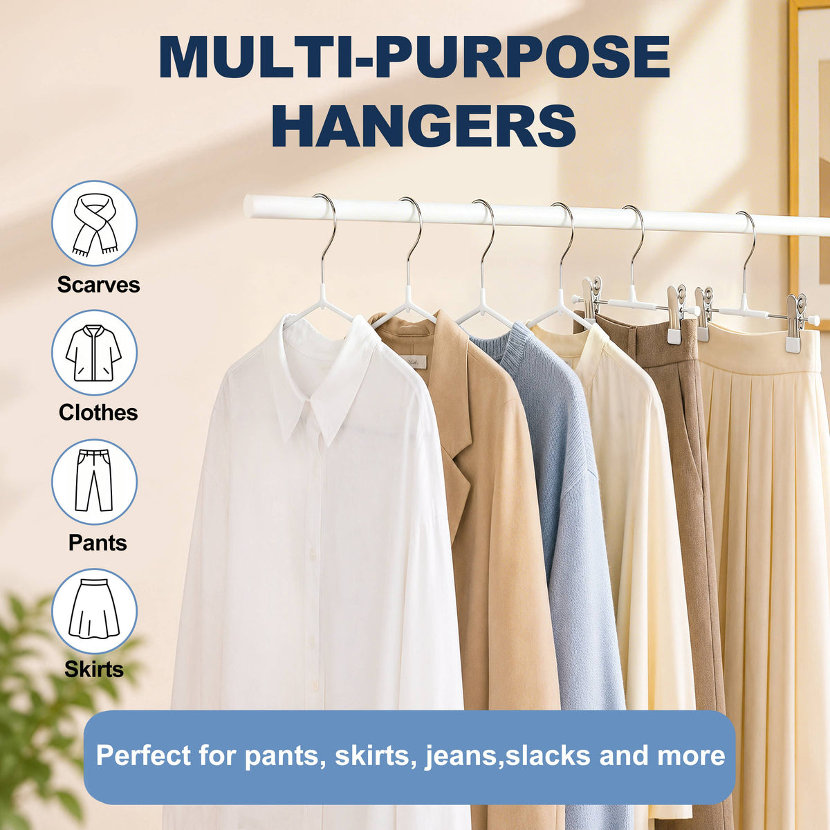 PVC32-WT – Non-Slip PVC-Coated Metal Skirt & Pant Hanger with Clips – 13" – White