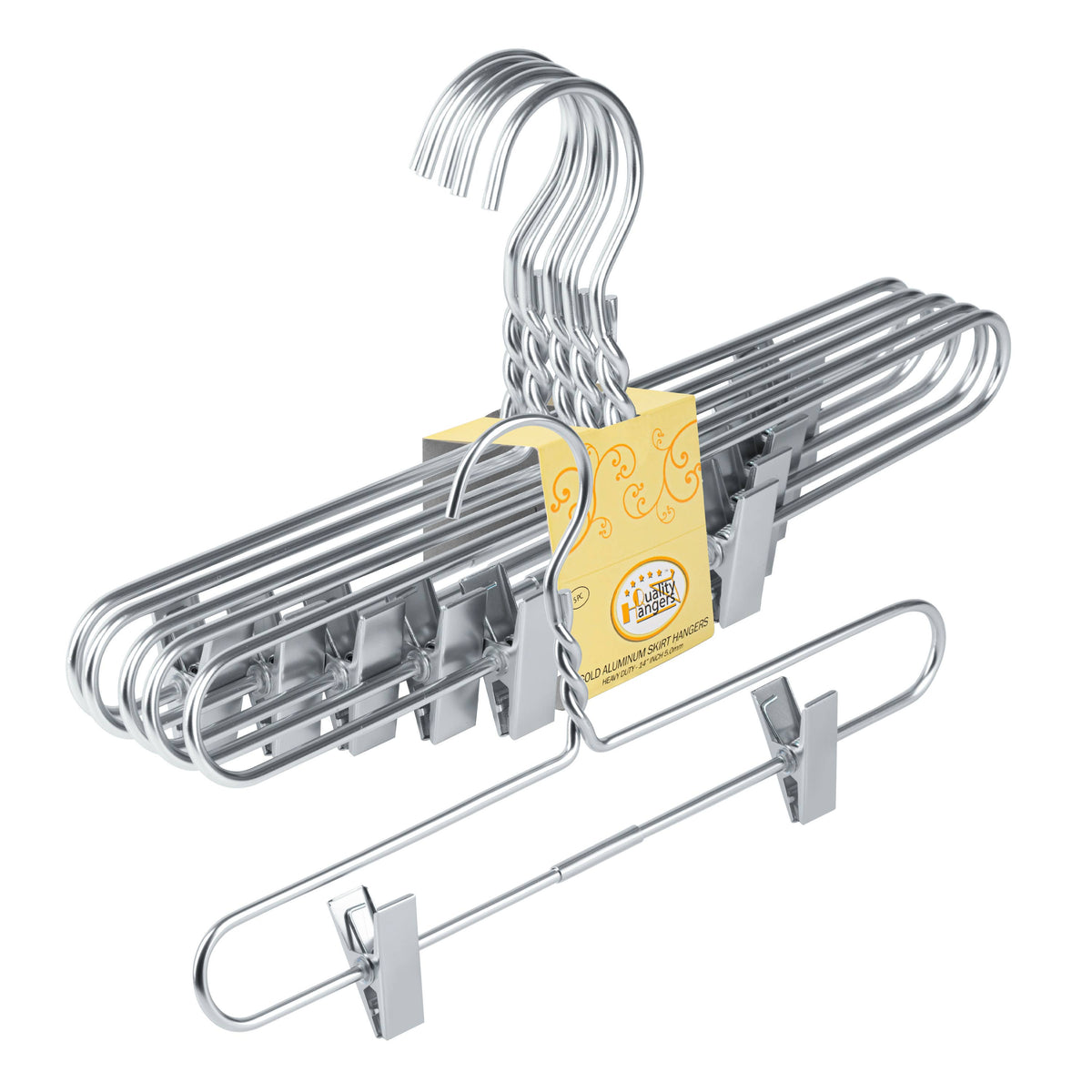 AL28 – Heavy-Duty Aluminum Skirt & Pant Hanger with Clips – 14" – Gold / Silver