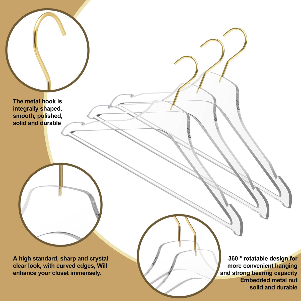 8011-20-MGL – Clear Acrylic Shirt & Coat Hanger with Bar – 17" – Clear / Matte Gold Hook