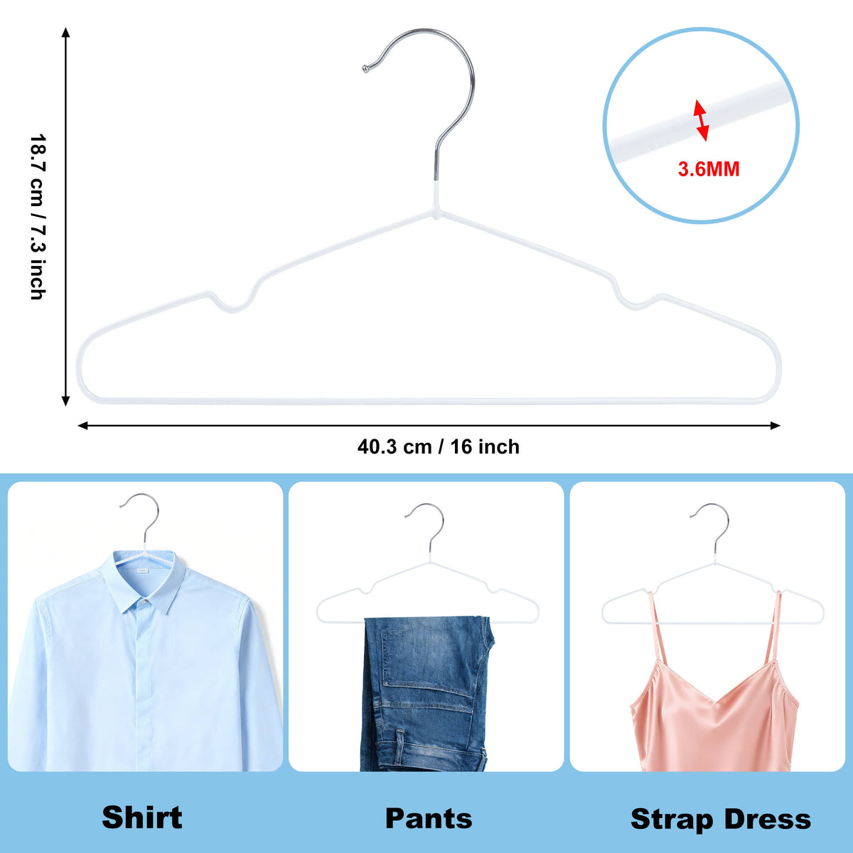 PVC31-WT – Non-Slip PVC-Coated Metal Shirt Hanger with Notches – 16" – White