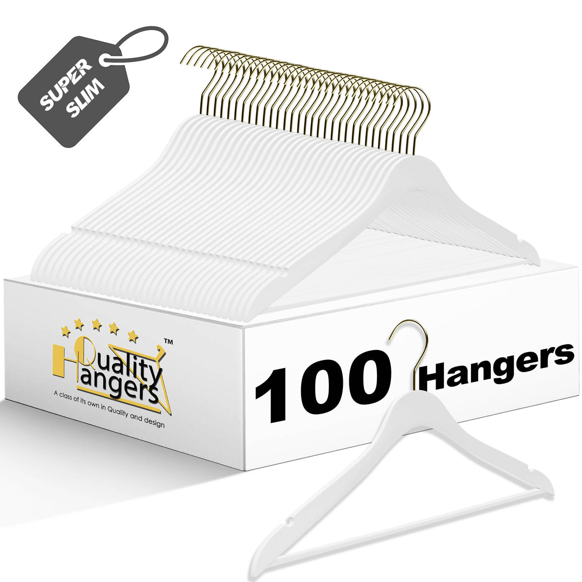 WS70-WT-GL – Ultra-Slim Wooden Suit Hanger with Pant Bar – 16" – White / Gold Hook