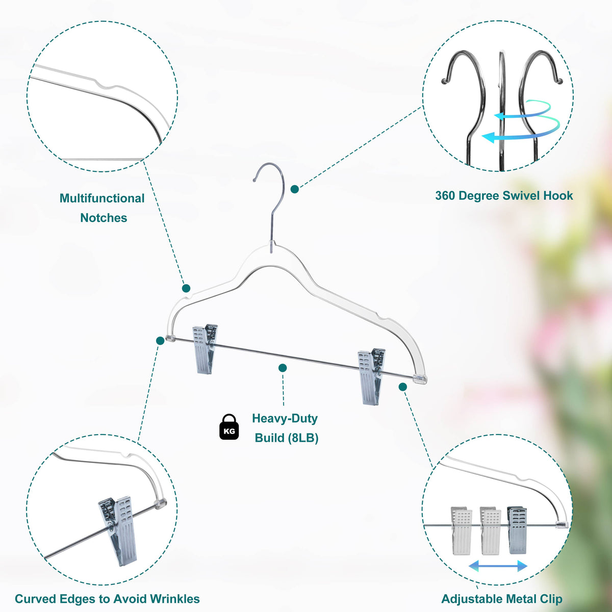 P355-CH – Kids Slim Plastic Skirt Hanger with Clips – 13.7" – Clear / Chrome Hook