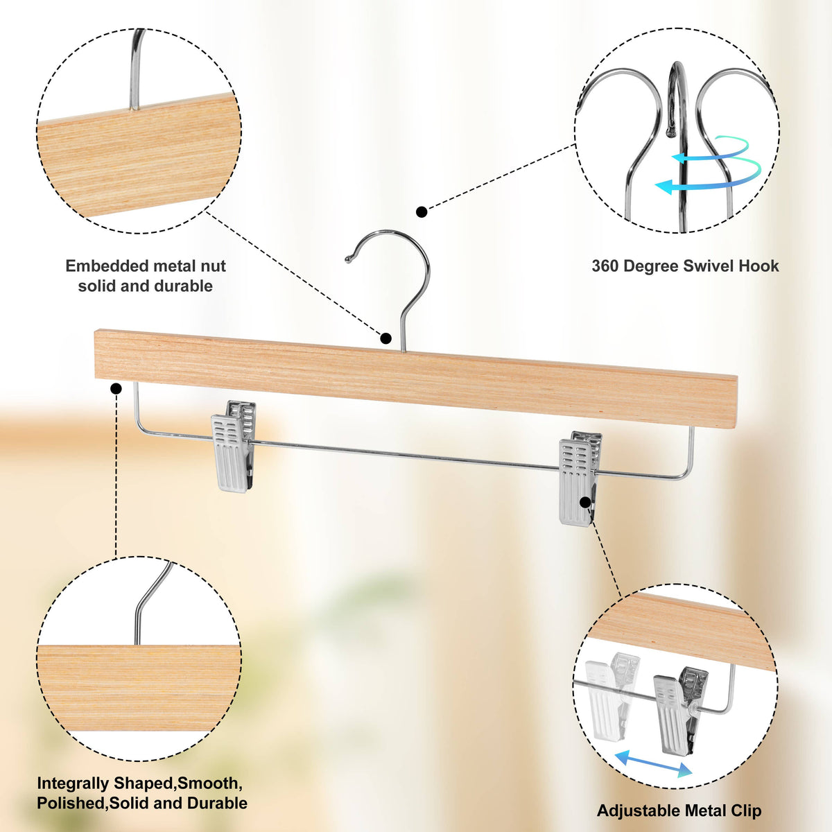 WLM24-NT – Slim Plywood Wooden Skirt & Pant Hanger with Clips – 14" – Natural