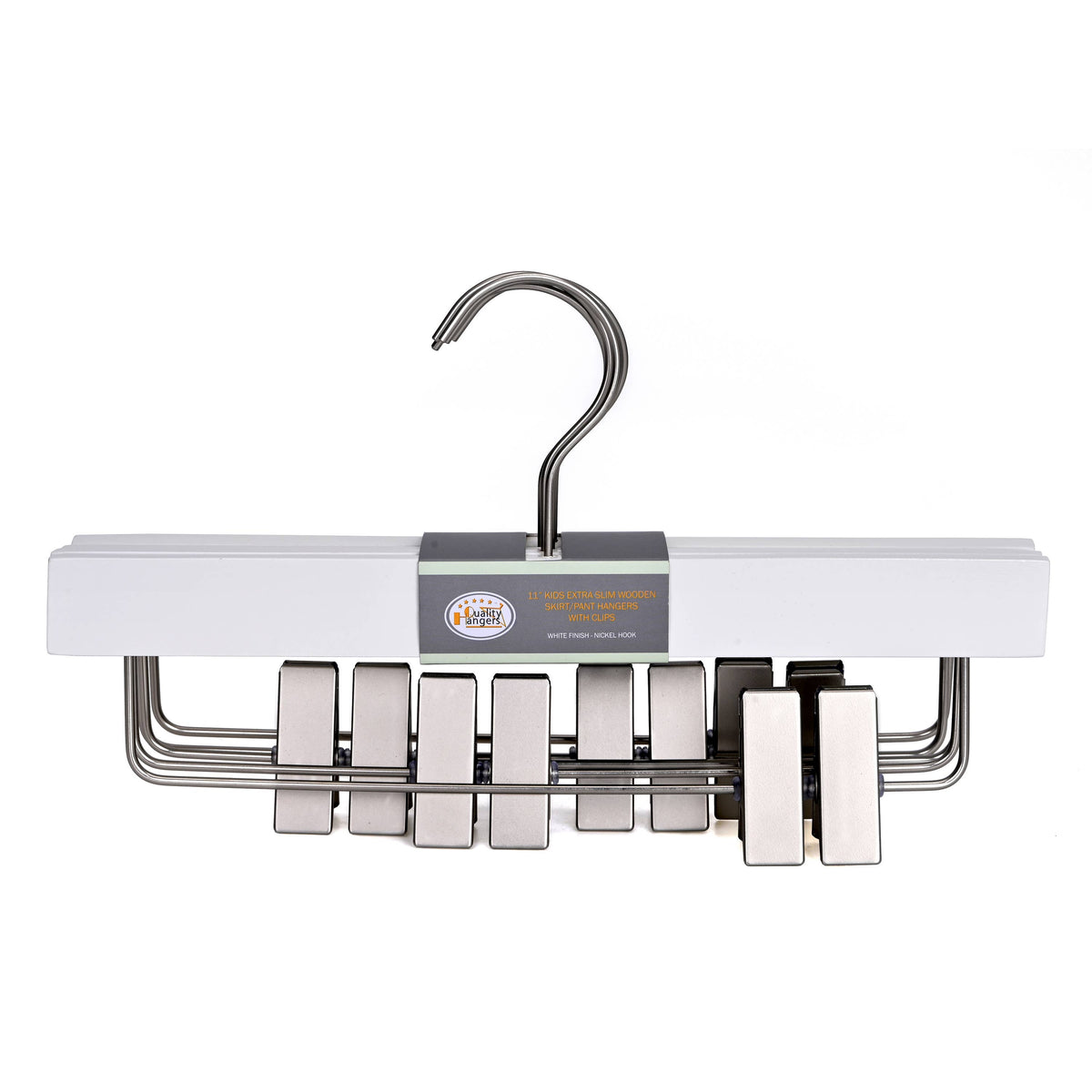 WSK72-WT – Kids Ultra-Slim Straight Wooden Skirt & Pant Hanger with Clips – 11" – White