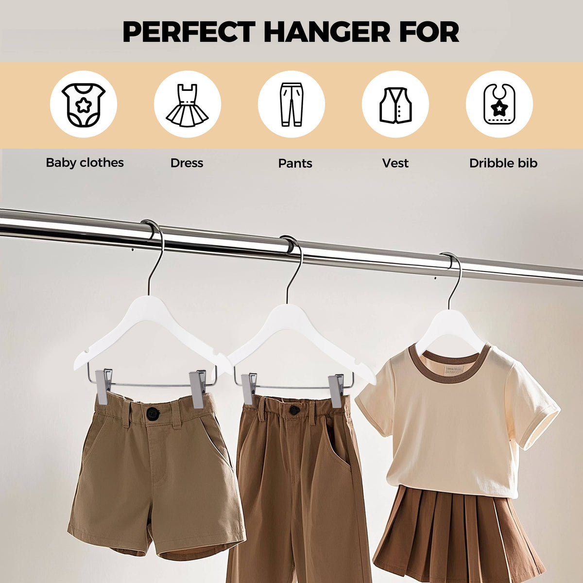 WSK73-WT – Kids Ultra-Slim Wooden Skirt & Pant Hanger with Clips – 12" – White