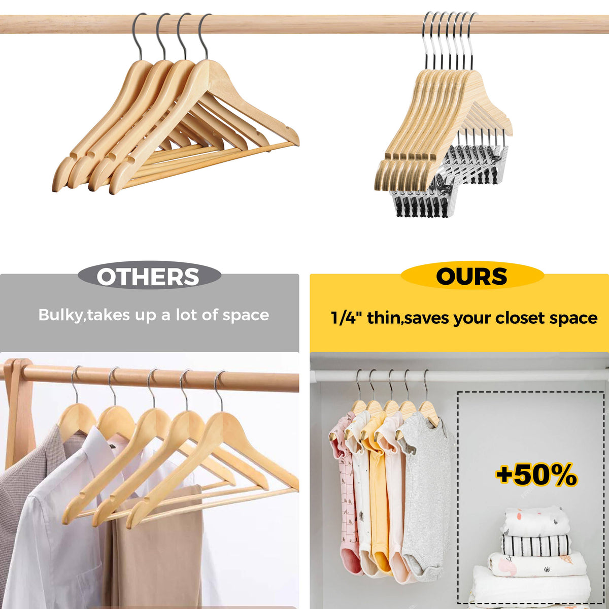 WLMK33-NT – Kids Slim Plywood Wooden Pant Hanger with Clips – 12" – Natural