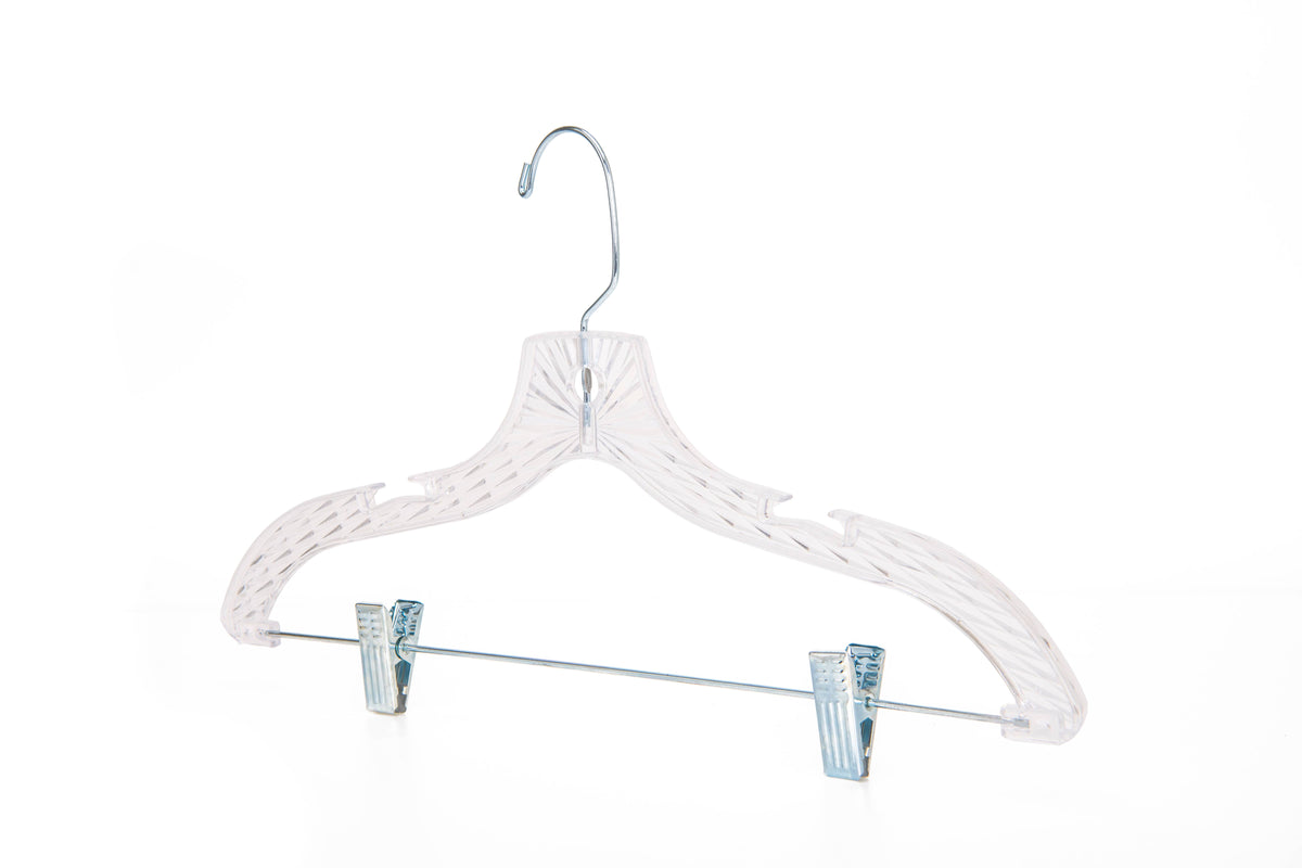 5502 – Crystal Clear Plastic Skirt & Pant Hanger with Clips – 17" – Clear