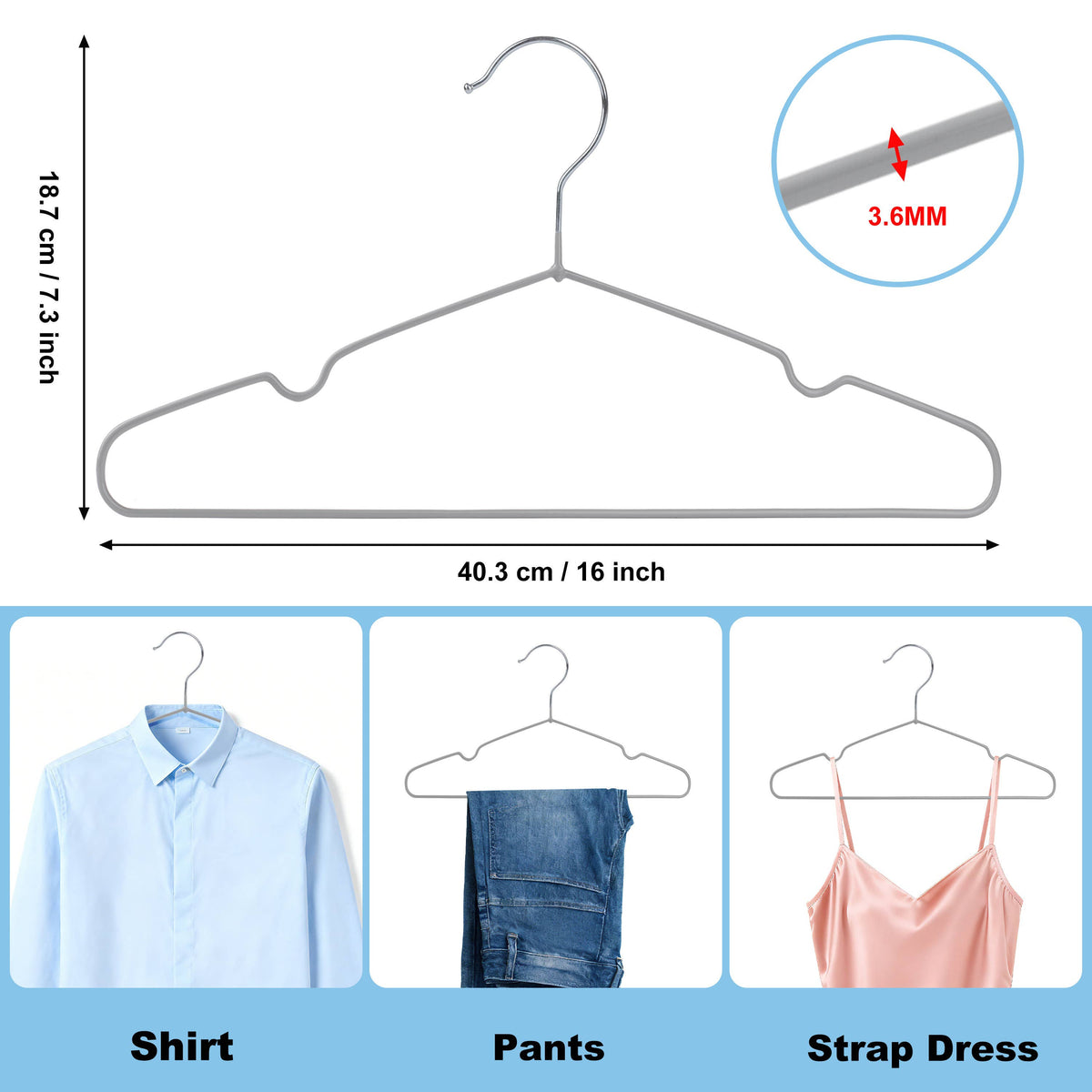 PVC31-GY – Non-Slip PVC-Coated Metal Shirt Hanger with Notches – 16" – Gray