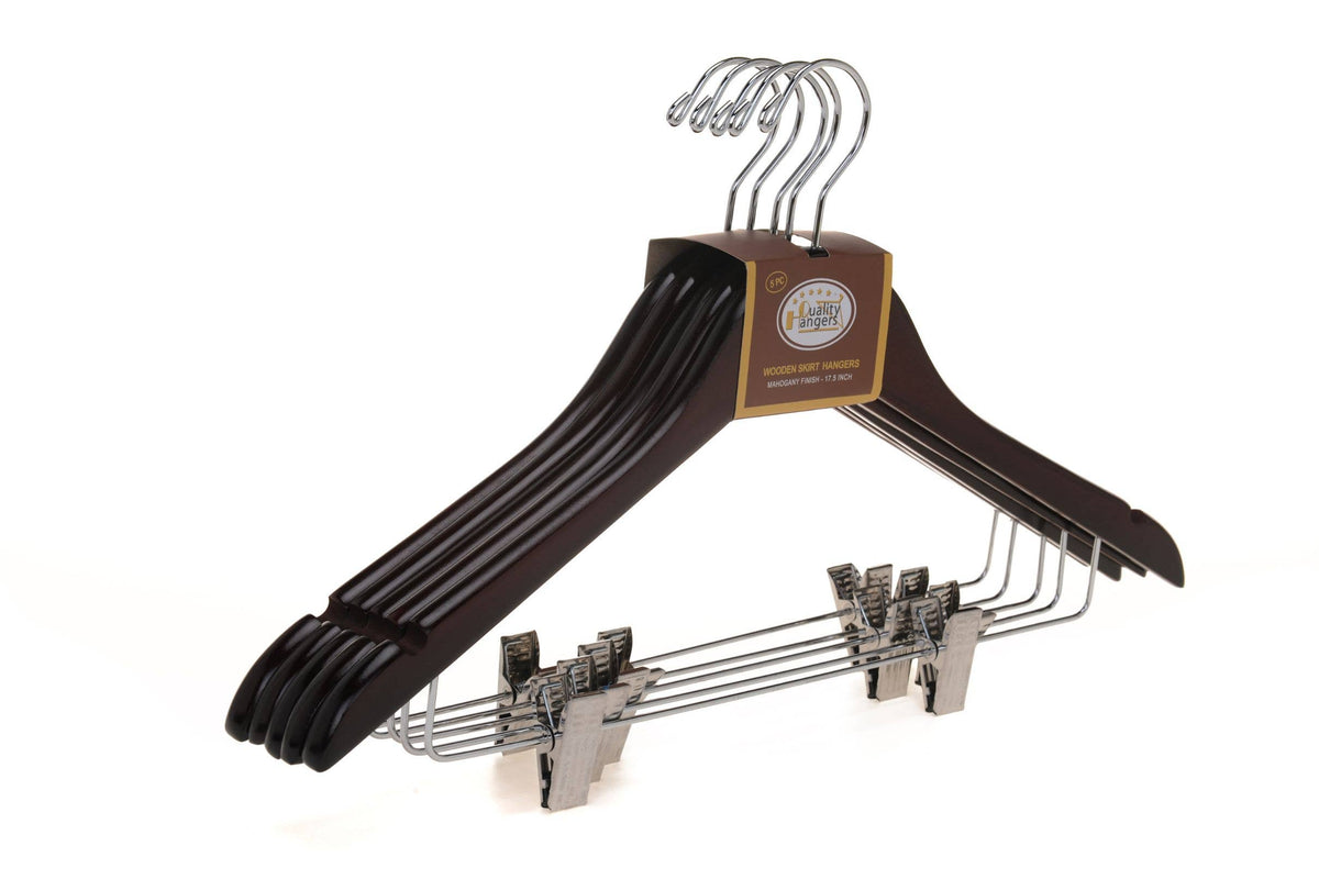 W052 – Semi-Curved Wooden Skirt & Pant Hanger with Clips – 17.5" – Mahogany