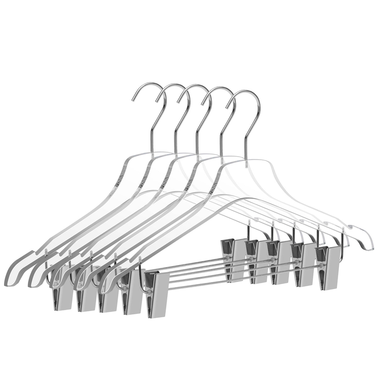 8012 – Clear Acrylic Skirt & Pant Hanger with Clips – 17" – Clear / Gold Hook