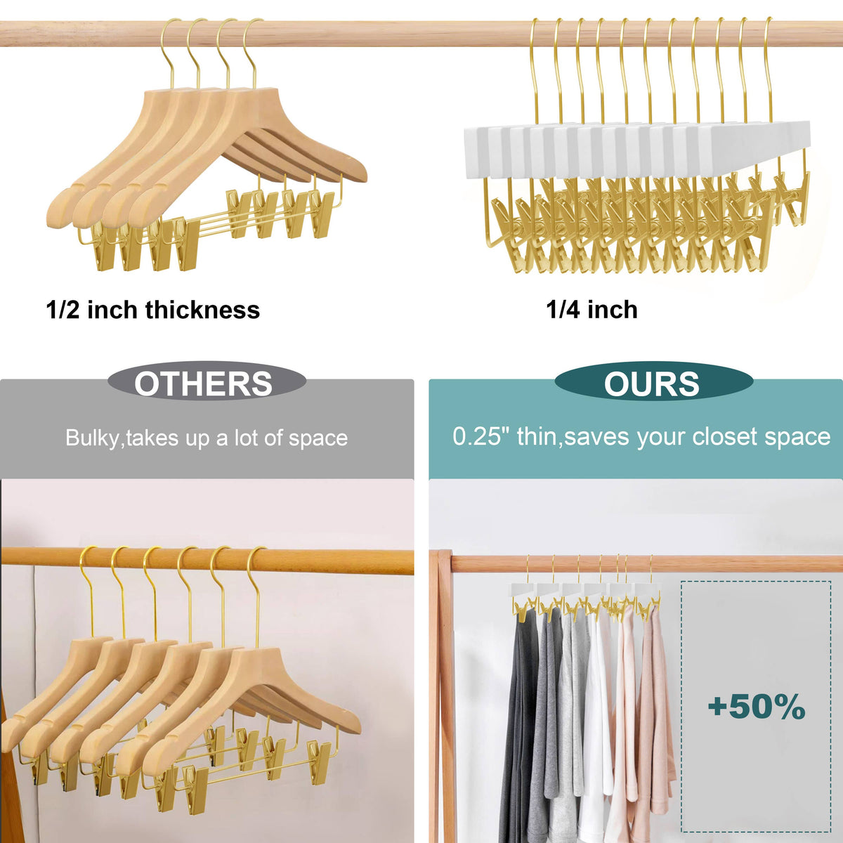 WS72-WT-GL – Ultra-Slim Wooden Skirt & Pant Hanger with Clips – 14" – White / Gold Hook