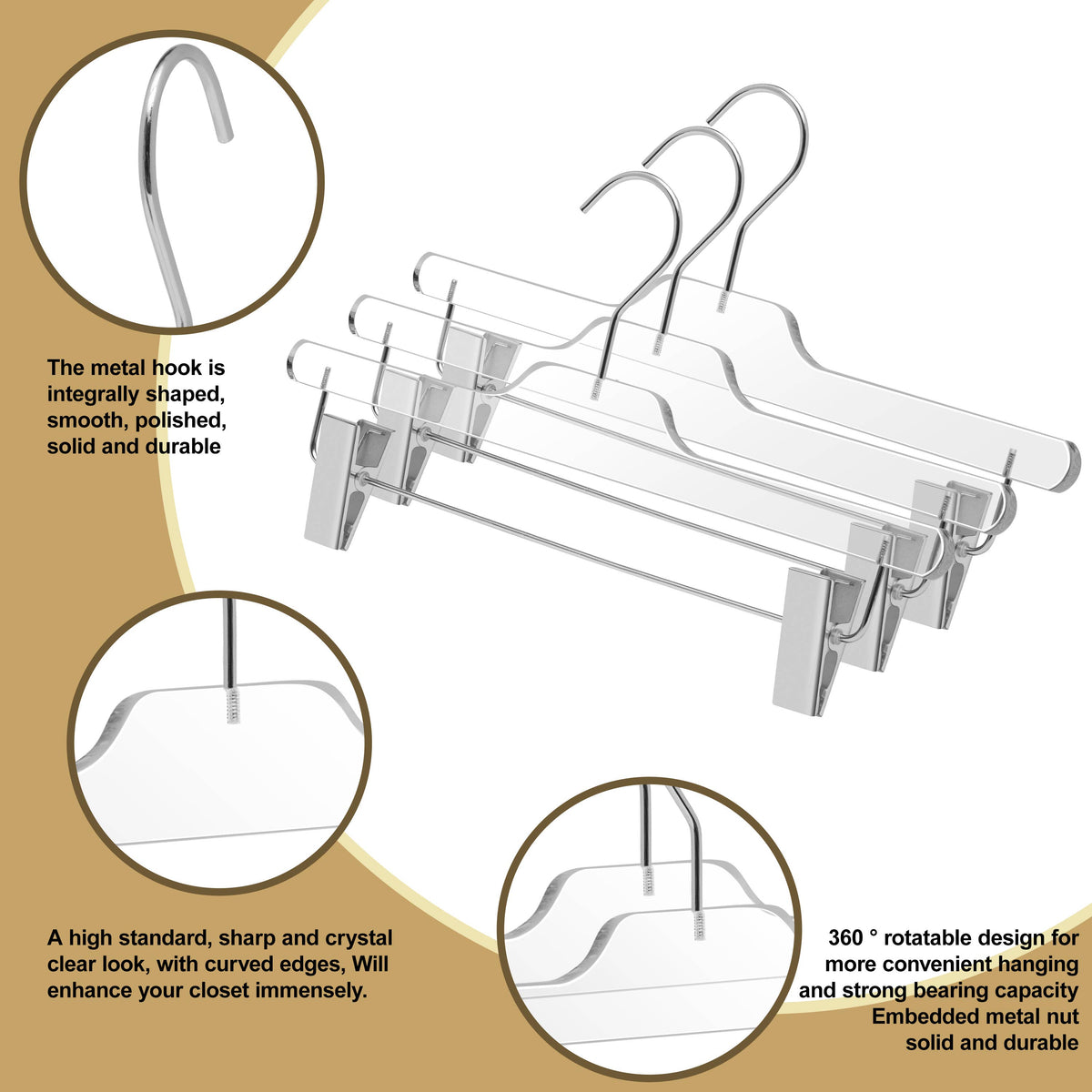 8020 – Clear Acrylic Straight Pant Hanger with Clips – 14" – Clear / Gold Hook
