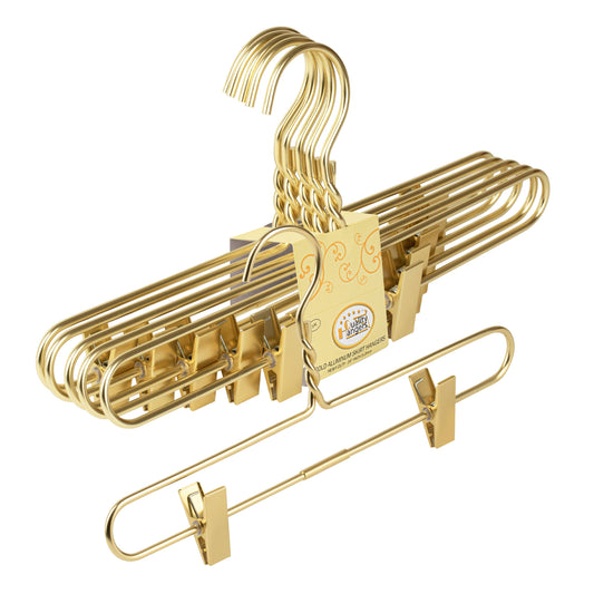 AL28 – Heavy-Duty Aluminum Skirt & Pant Hanger with Clips – 14" – Gold / Silver