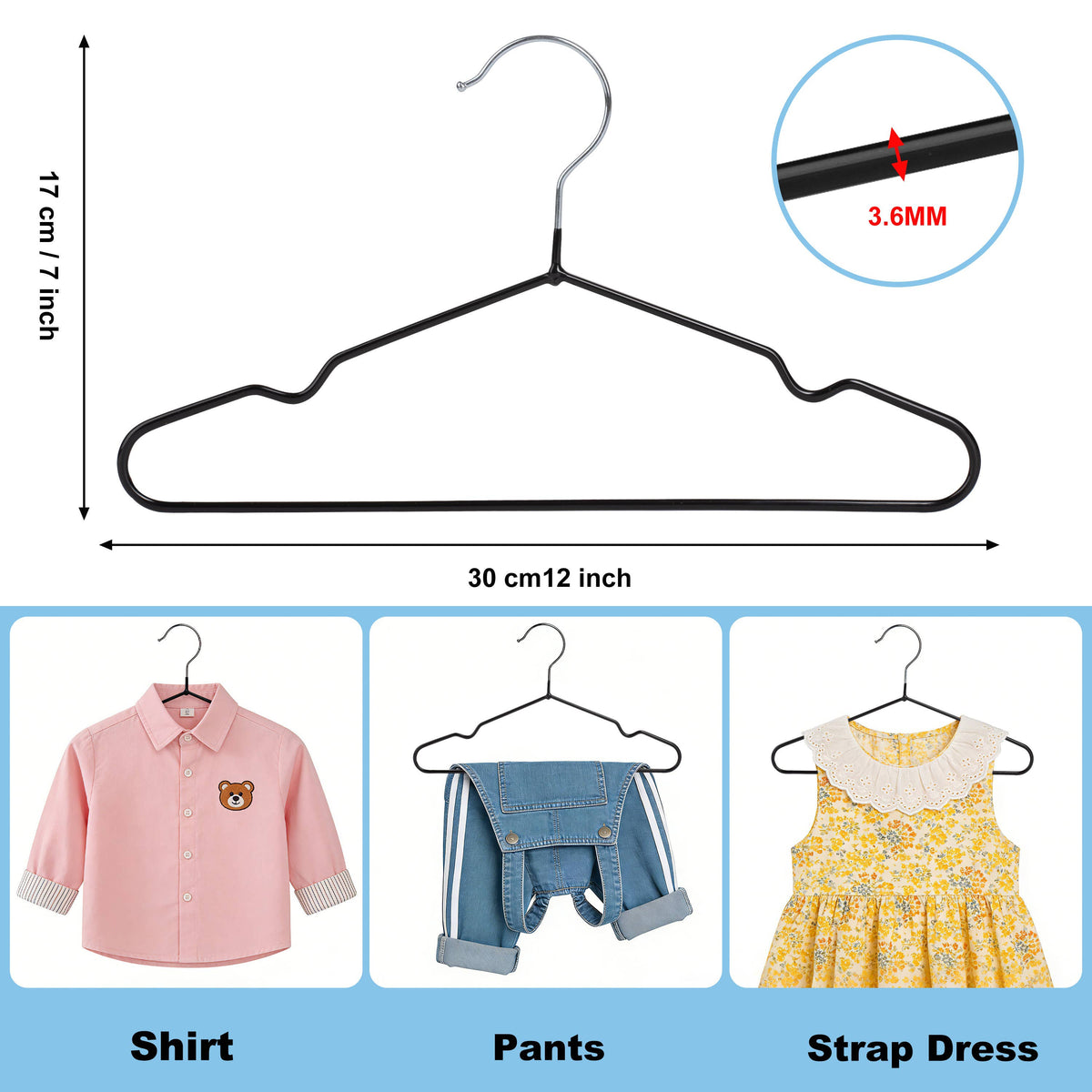 PVC41 – Kids Non-Slip PVC-Coated Metal Shirt Hanger with Notches – 12" – Black / White / Gray