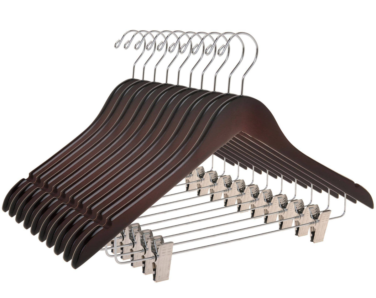 W052 – Semi-Curved Wooden Skirt & Pant Hanger with Clips – 17.5" – Mahogany
