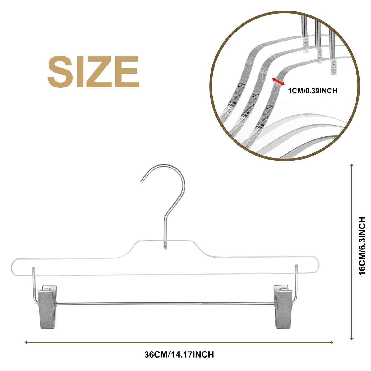 8020 – Clear Acrylic Straight Pant Hanger with Clips – 14" – Clear / Gold Hook