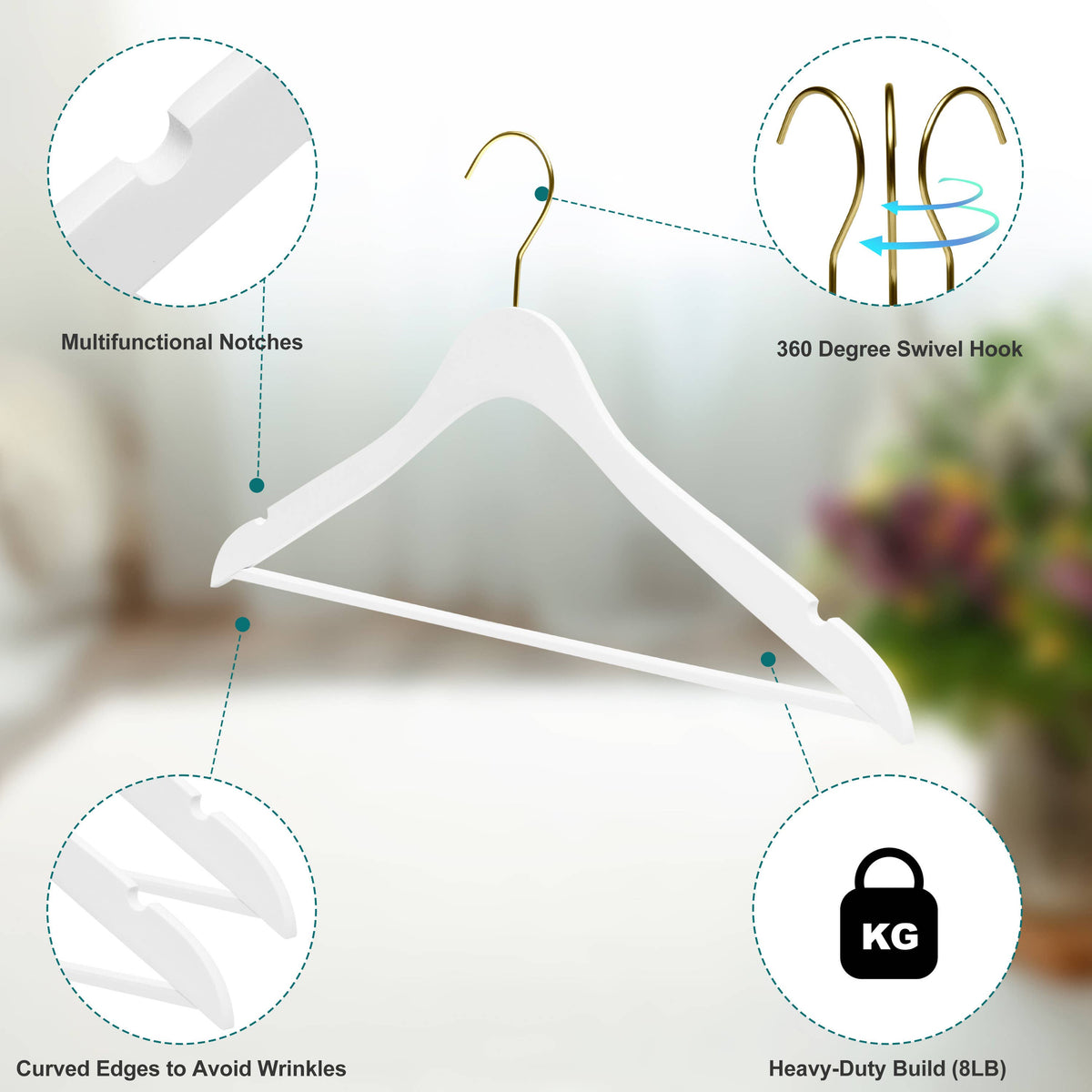 WS70-WT-GL – Ultra-Slim Wooden Suit Hanger with Pant Bar – 16" – White / Gold Hook