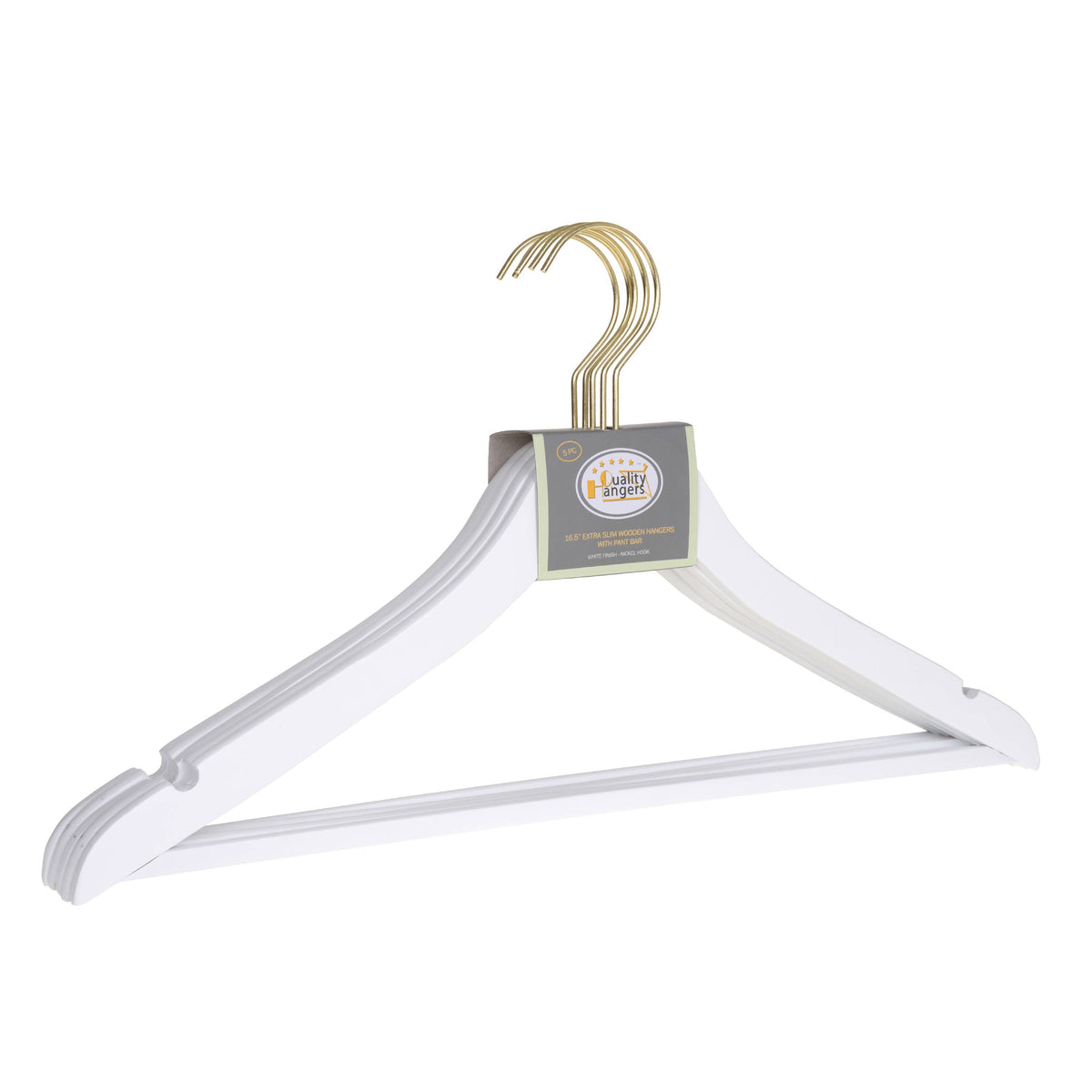 WS70-WT-GL – Ultra-Slim Wooden Suit Hanger with Pant Bar – 16" – White / Gold Hook
