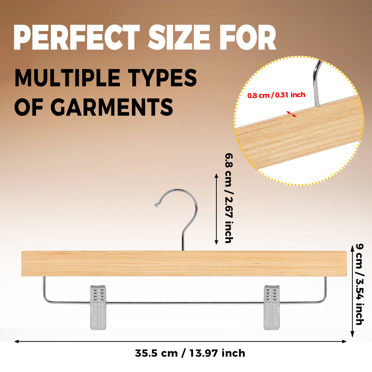 WLM24-NT – Slim Plywood Wooden Skirt & Pant Hanger with Clips – 14" – Natural