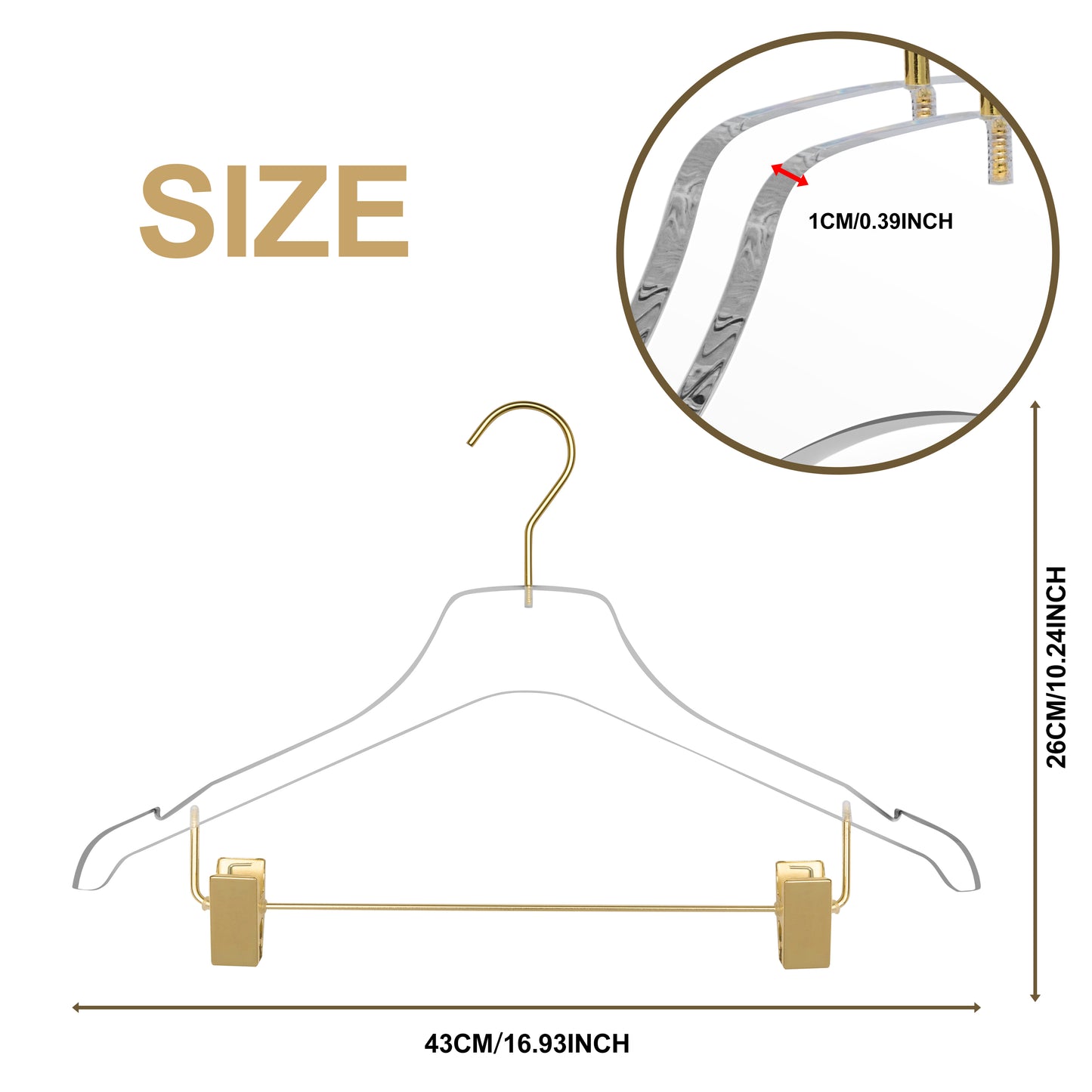 8012 - 17" Clear Acrylic Skirt Hanger with Clips for The Bedroom Closets, for Skirts Pants and Shirts - Thickness 0.39" - 90 Hangers