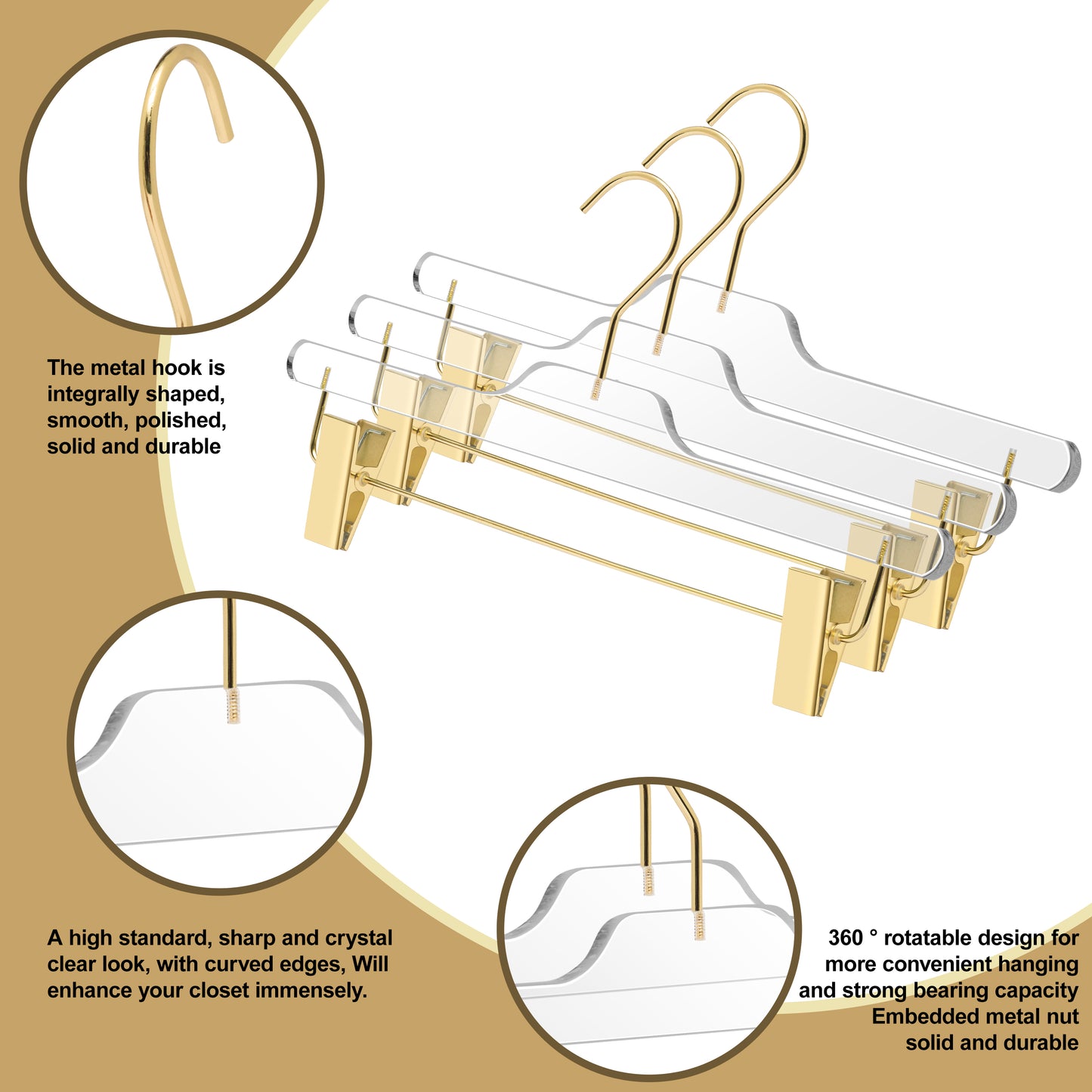 8020 - 14" Clear Acrylic Skirt Pant Hanger with Clips for The Bedroom Closets, for Skirts Pants and Shirts - Thickness 0.39" - 90 Hangers