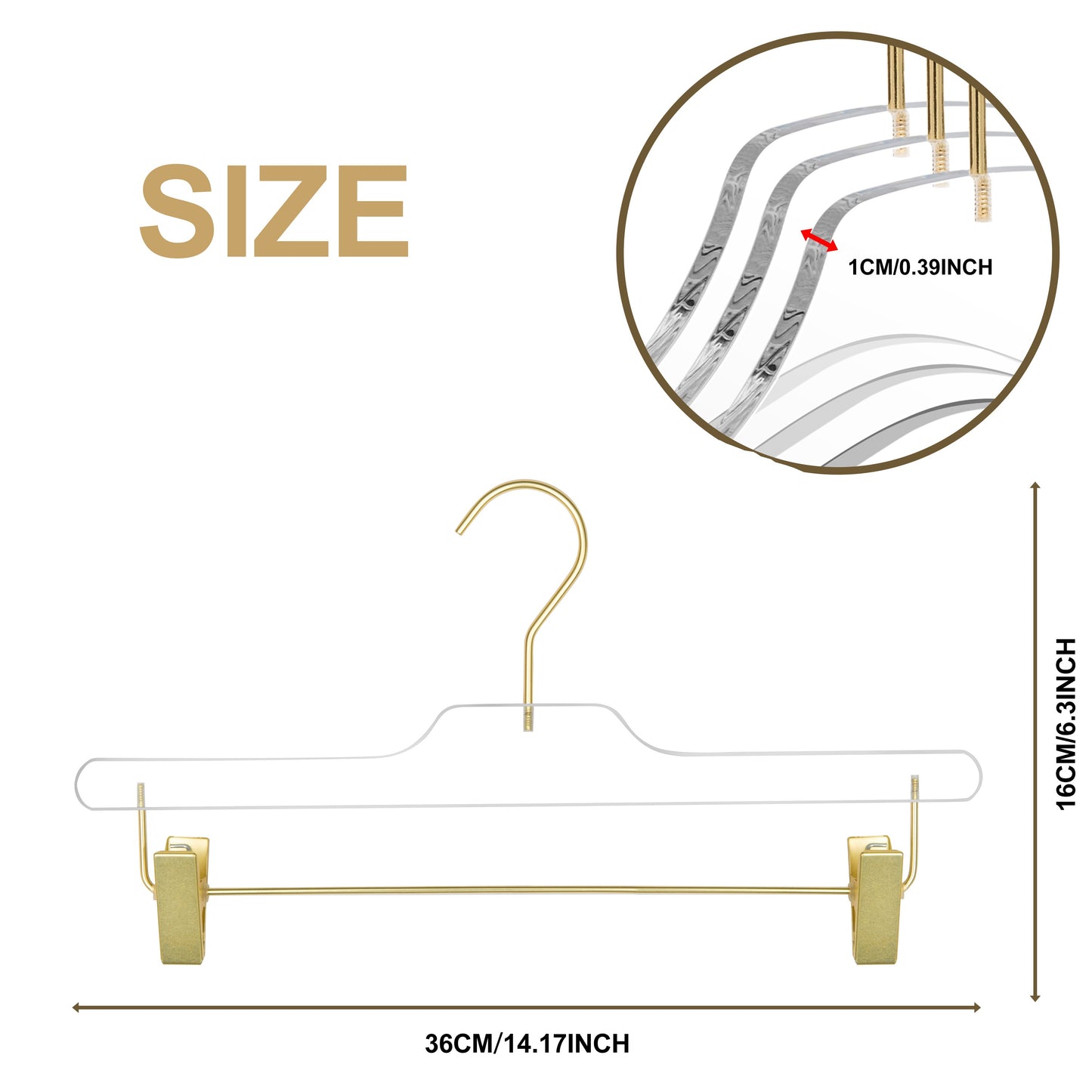8020 - 14" Clear Acrylic Skirt Pant Hanger with Clips for The Bedroom Closets, for Skirts Pants and Shirts - Thickness 0.39" - 90 Hangers
