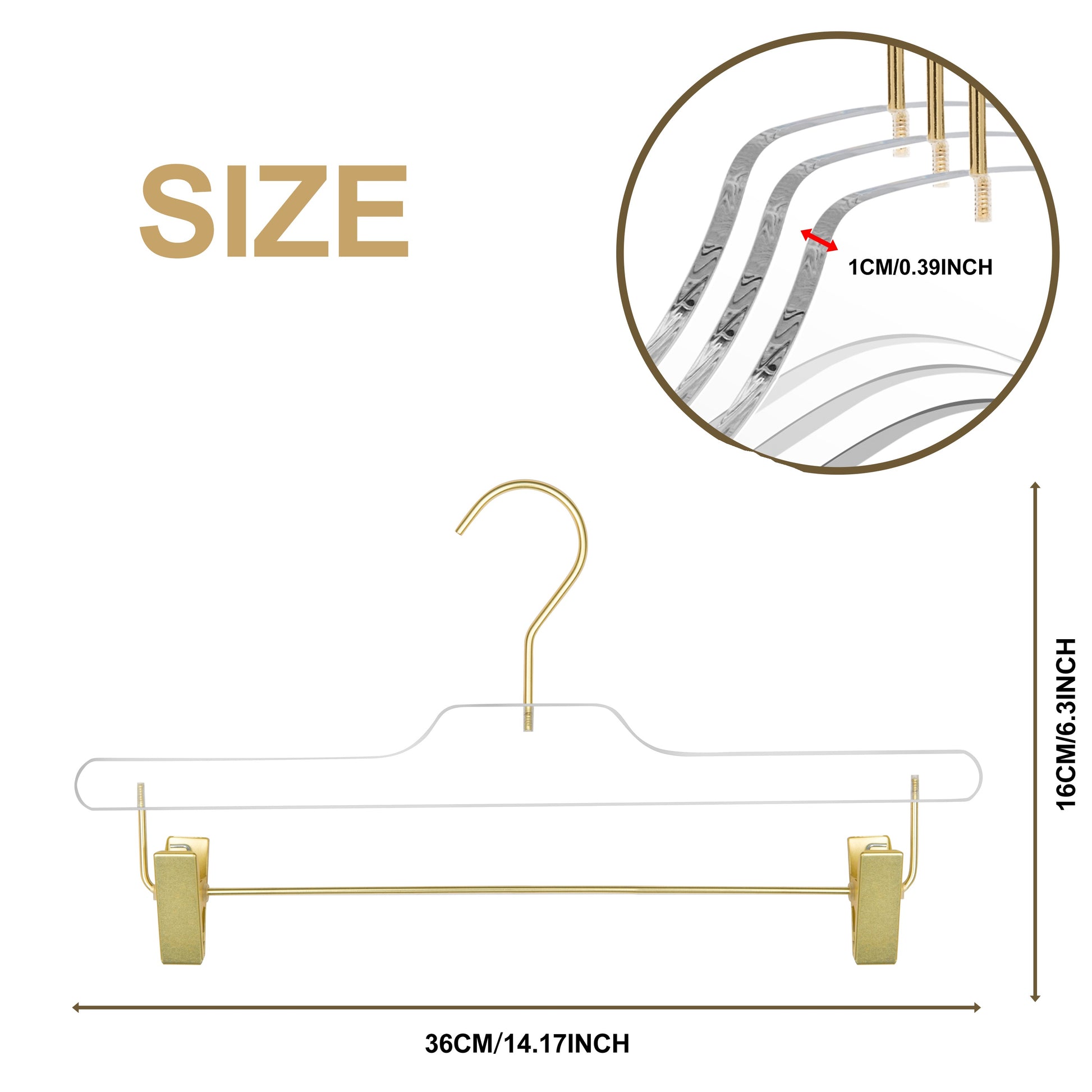 8020 - 14" Clear Acrylic Skirt Pant Hanger with Clips for The Bedroom Closets, for Skirts Pants and Shirts - Thickness 0.39" - 90 Hangers