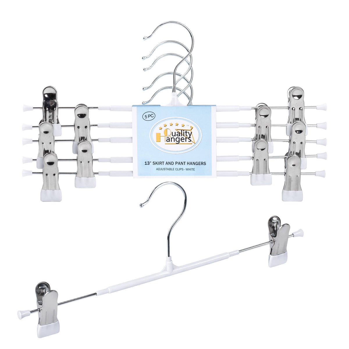 PVC32-WT – Non-Slip PVC-Coated Metal Skirt & Pant Hanger with Clips – 13" – White