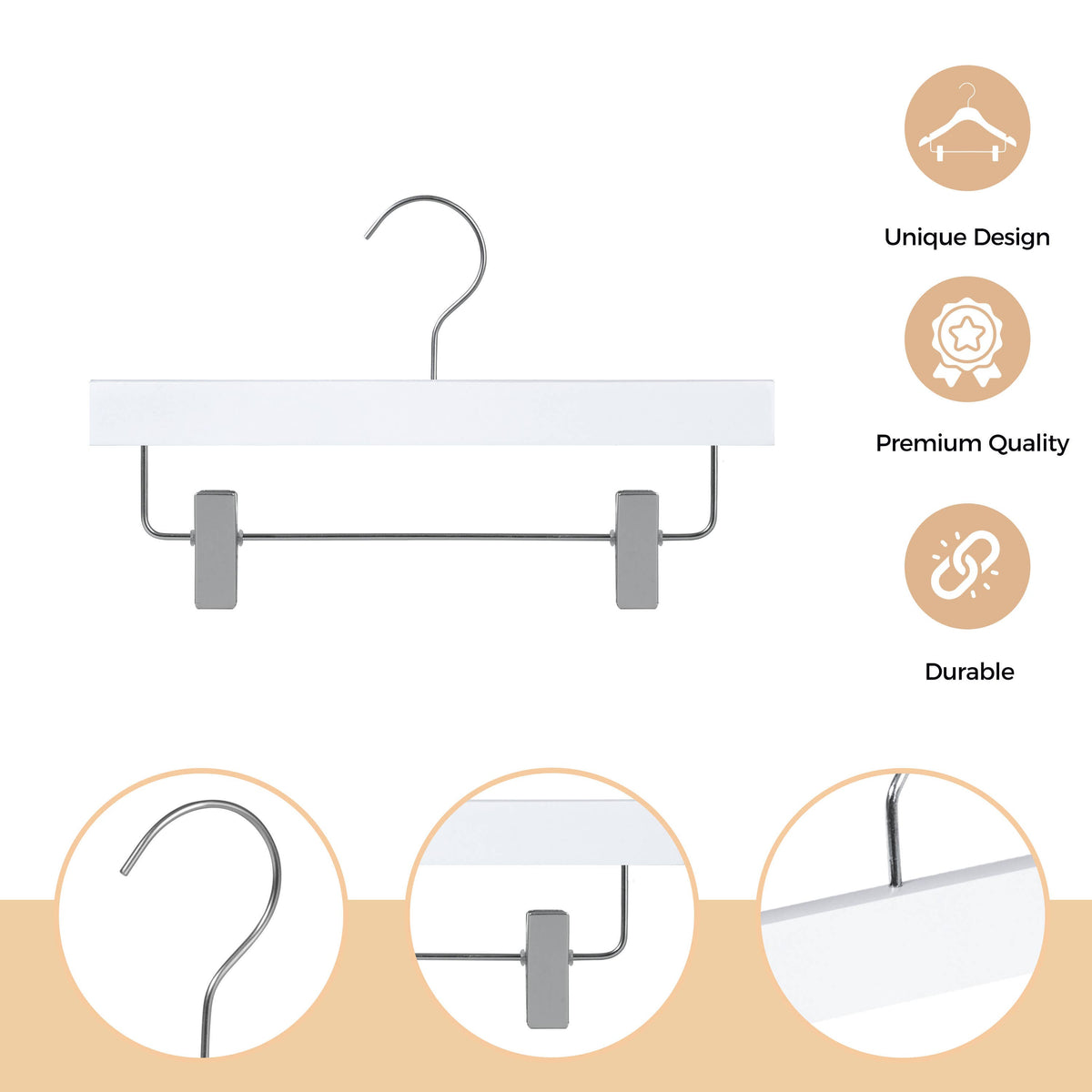 WSK72-WT – Kids Ultra-Slim Straight Wooden Skirt & Pant Hanger with Clips – 11" – White