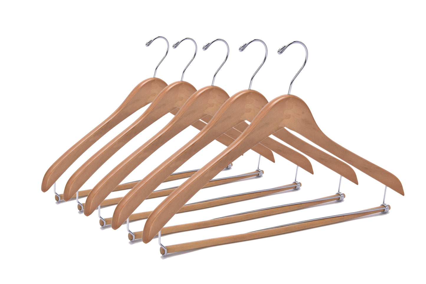 W034 - Curved Wooden Hanger 17" Locking bar Natural- chrome