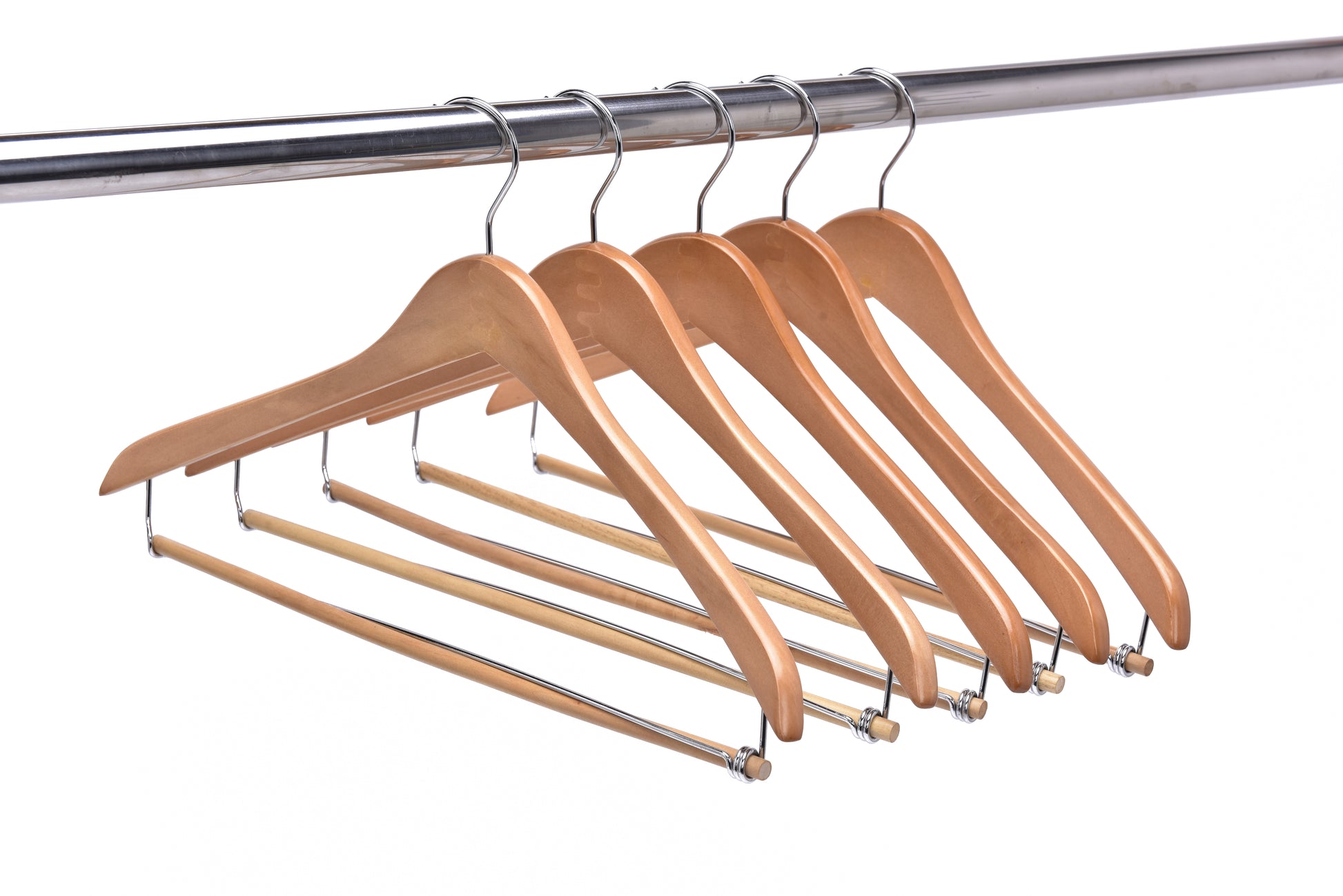W034 - Curved Wooden Hanger 17" Locking bar Natural- chrome