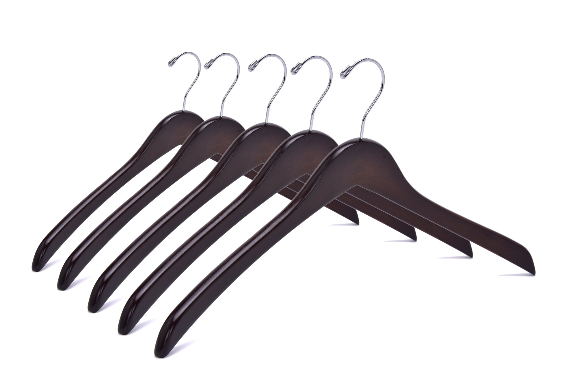 W025 - Curved Wooden Hanger 17" Walnut-Chrome - 100 Hangers