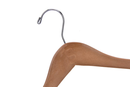 W036 - Curved Wooden Skirt Hanger 17" Natural - chrome hook