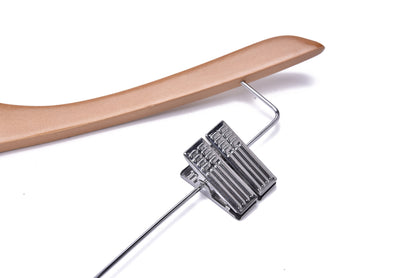 W036 - Curved Wooden Skirt Hanger 17" Natural - chrome hook