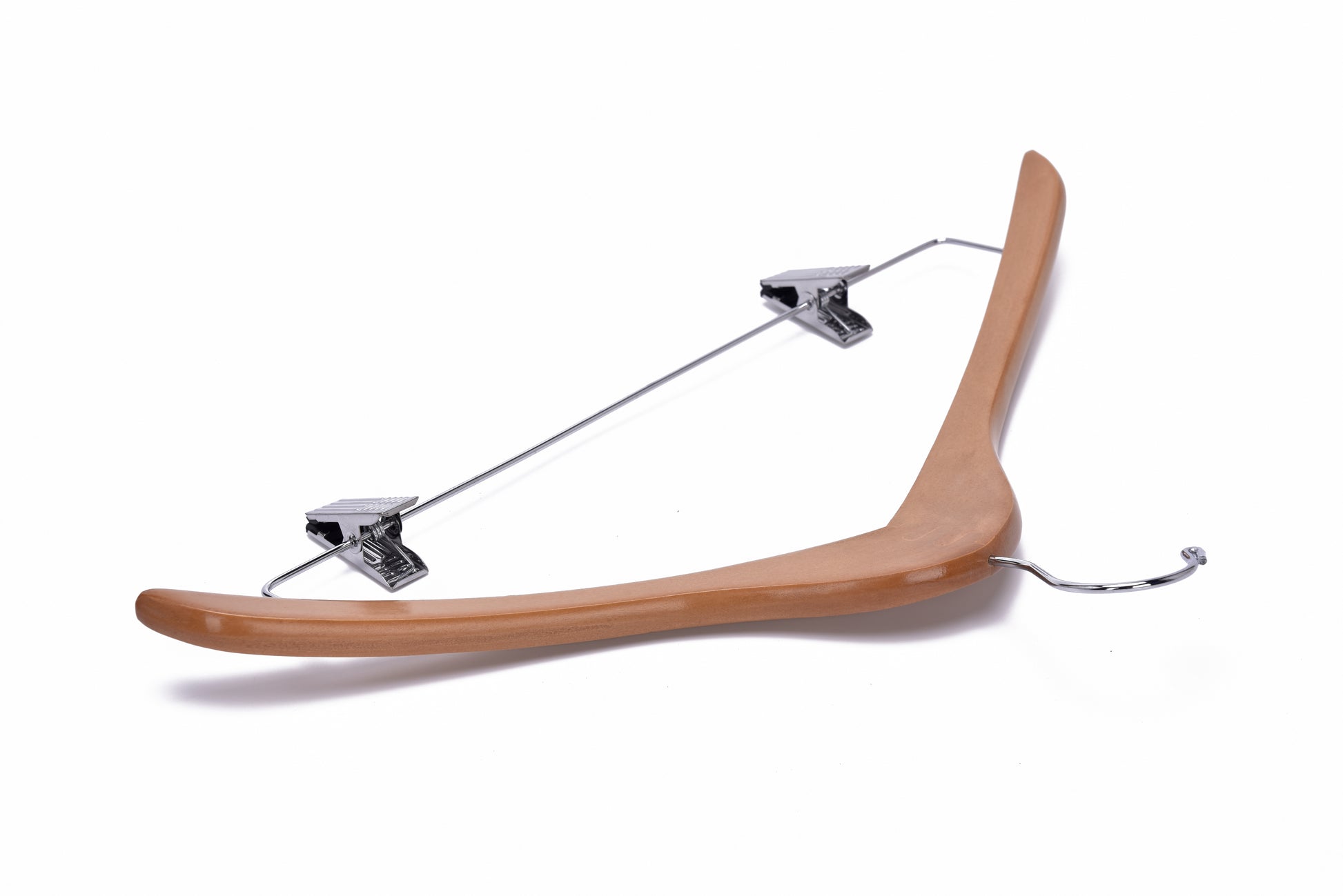 W036 - Curved Wooden Skirt Hanger 17" Natural - chrome hook