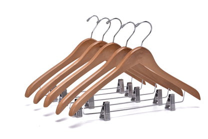 W036 - Curved Wooden Skirt Hanger 17" Natural - chrome hook