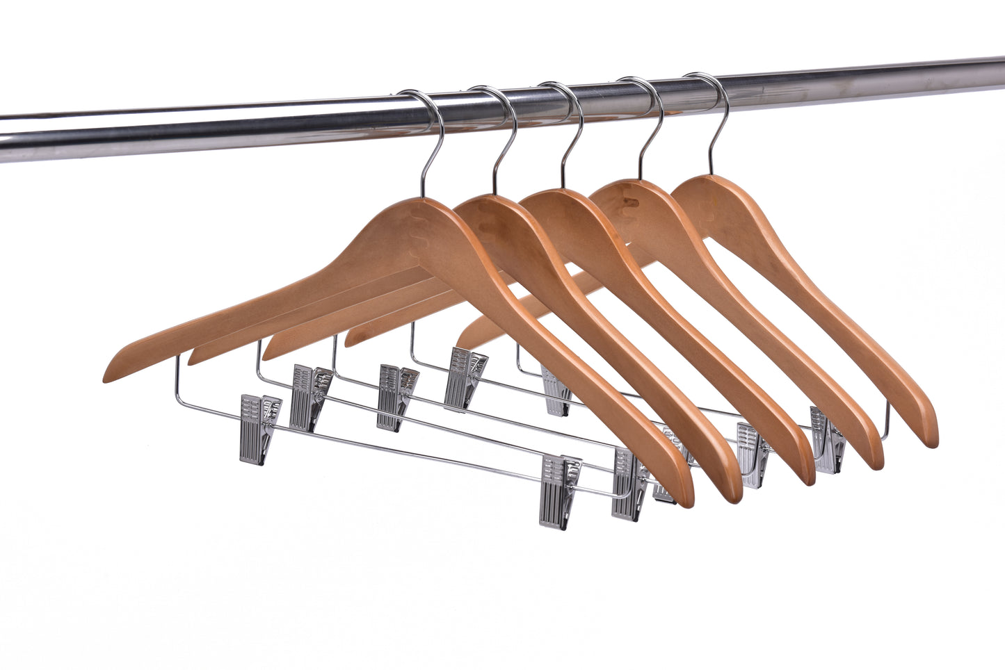 W036 - Curved Wooden Skirt Hanger 17" Natural - chrome hook