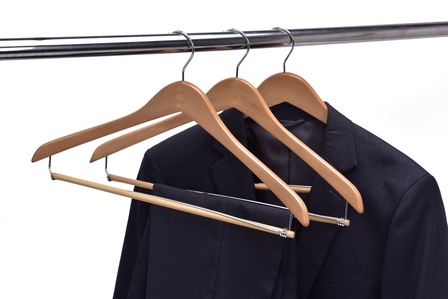 W034 - Curved Wooden Hanger 17" Locking bar Natural- chrome