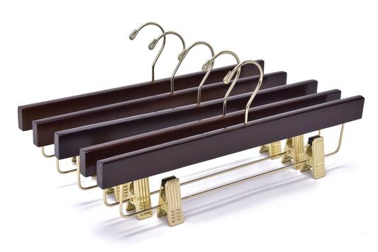 W013 - Wooden Straight Skirt Hangers -Walnut/Gold Hook - 100
