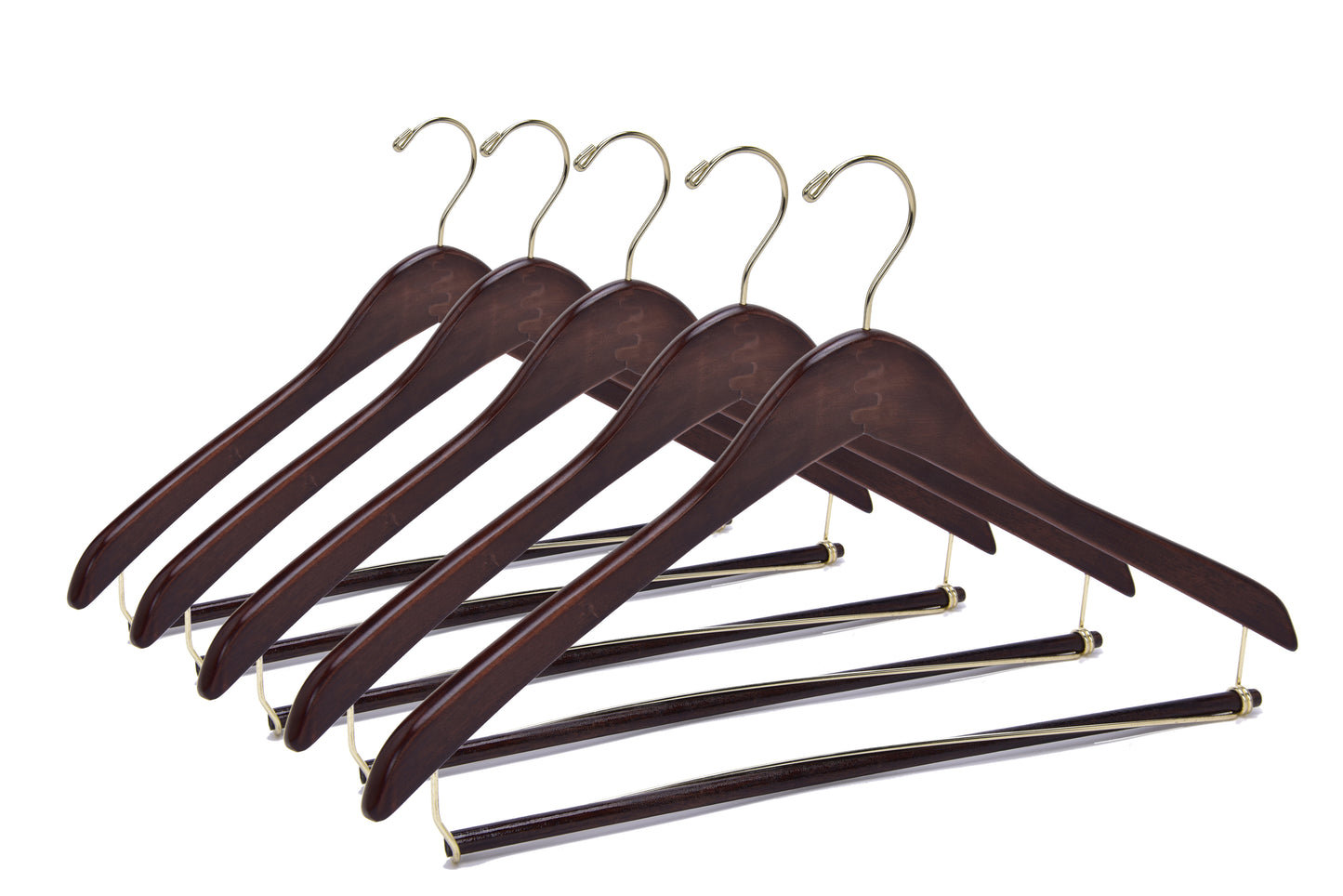 W014 - Curved Wooden Hanger 17" Locking bar Walnut-Gold -100